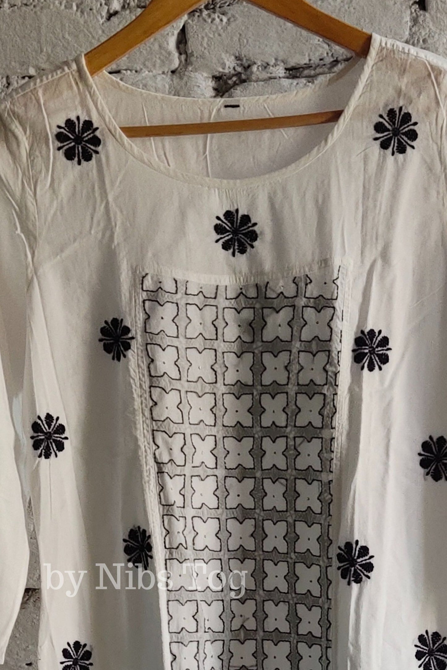 Cotton Chikankari Kurta A Line White and Blue Large