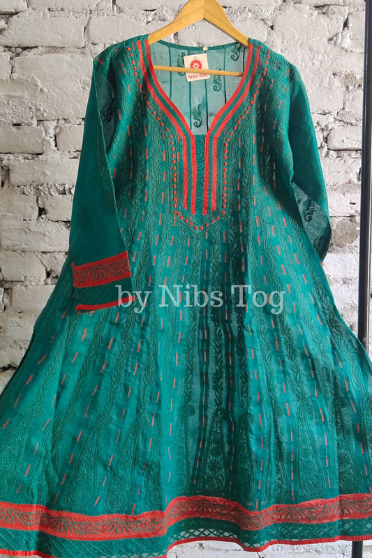 Pure Cotton Chikankari Anarkali Green Large