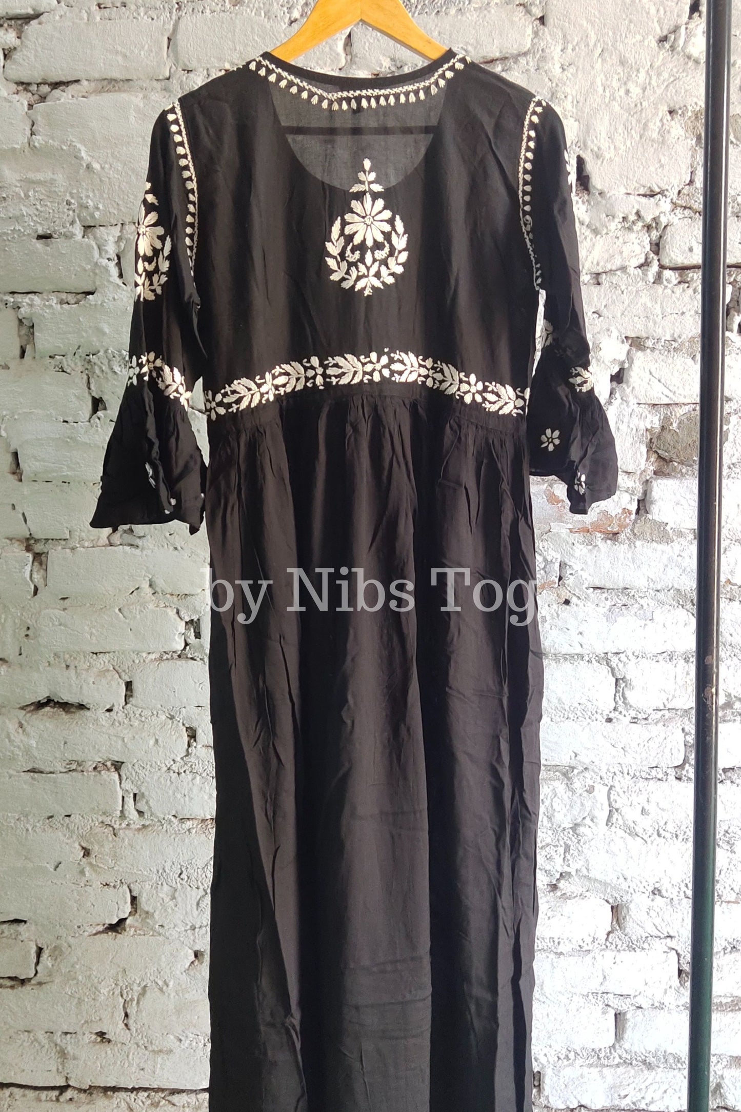 Black Modal Cotton Chikankari Long Gown Dress for Women Medium