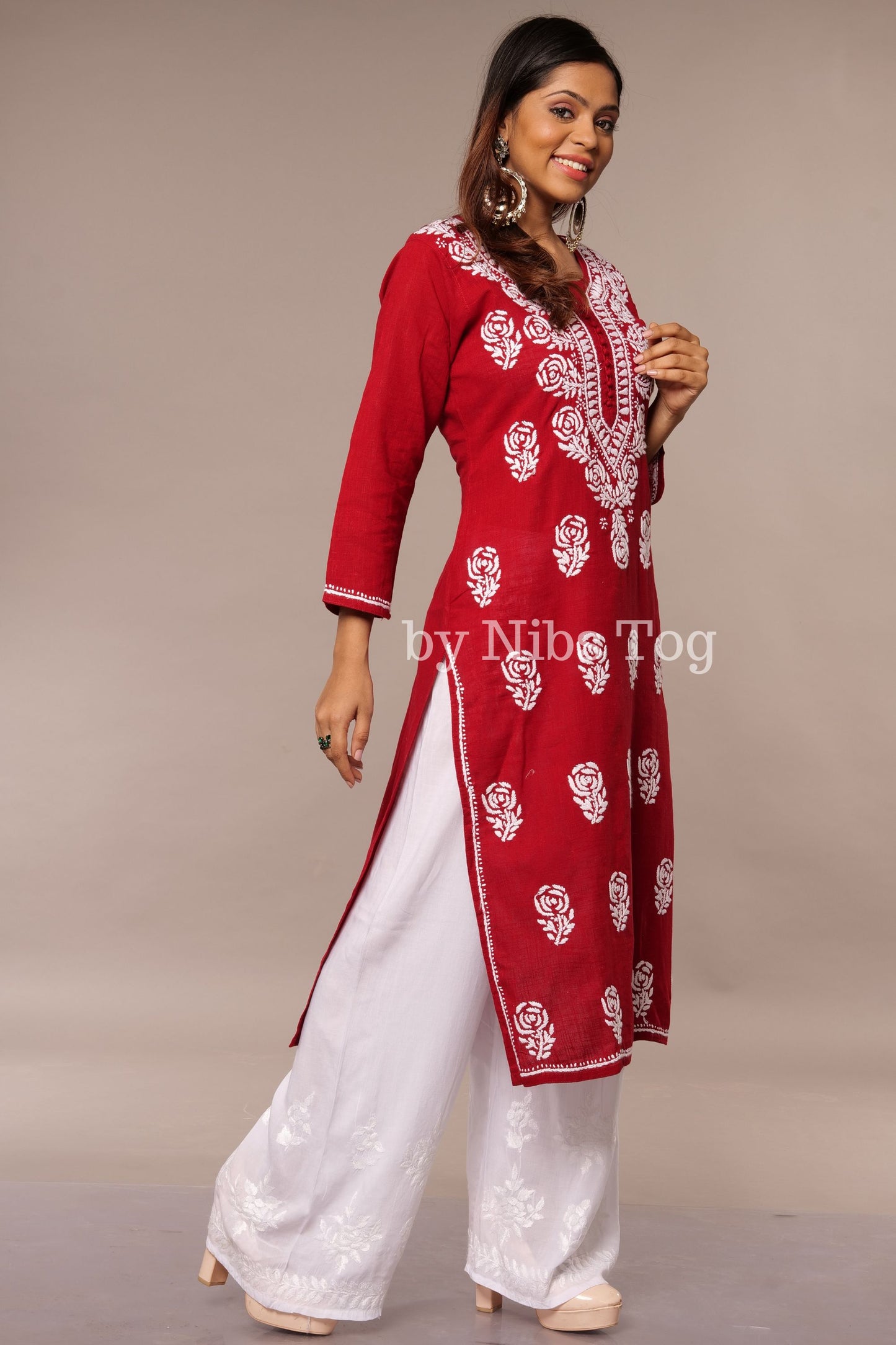 Linen Cotton Rose Butti Chikankari Kurti for Women Maroon Red