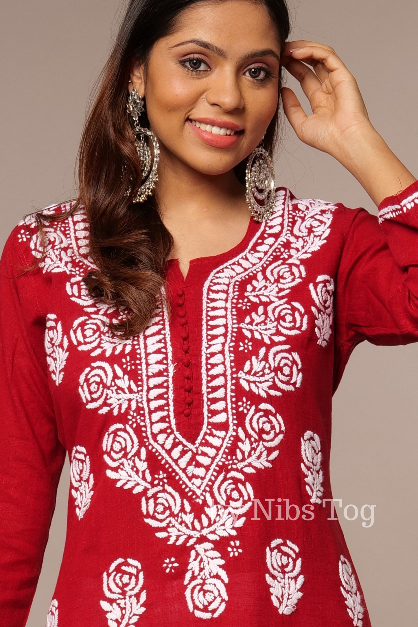 Linen Cotton Rose Butti Chikankari Kurti for Women Maroon Red