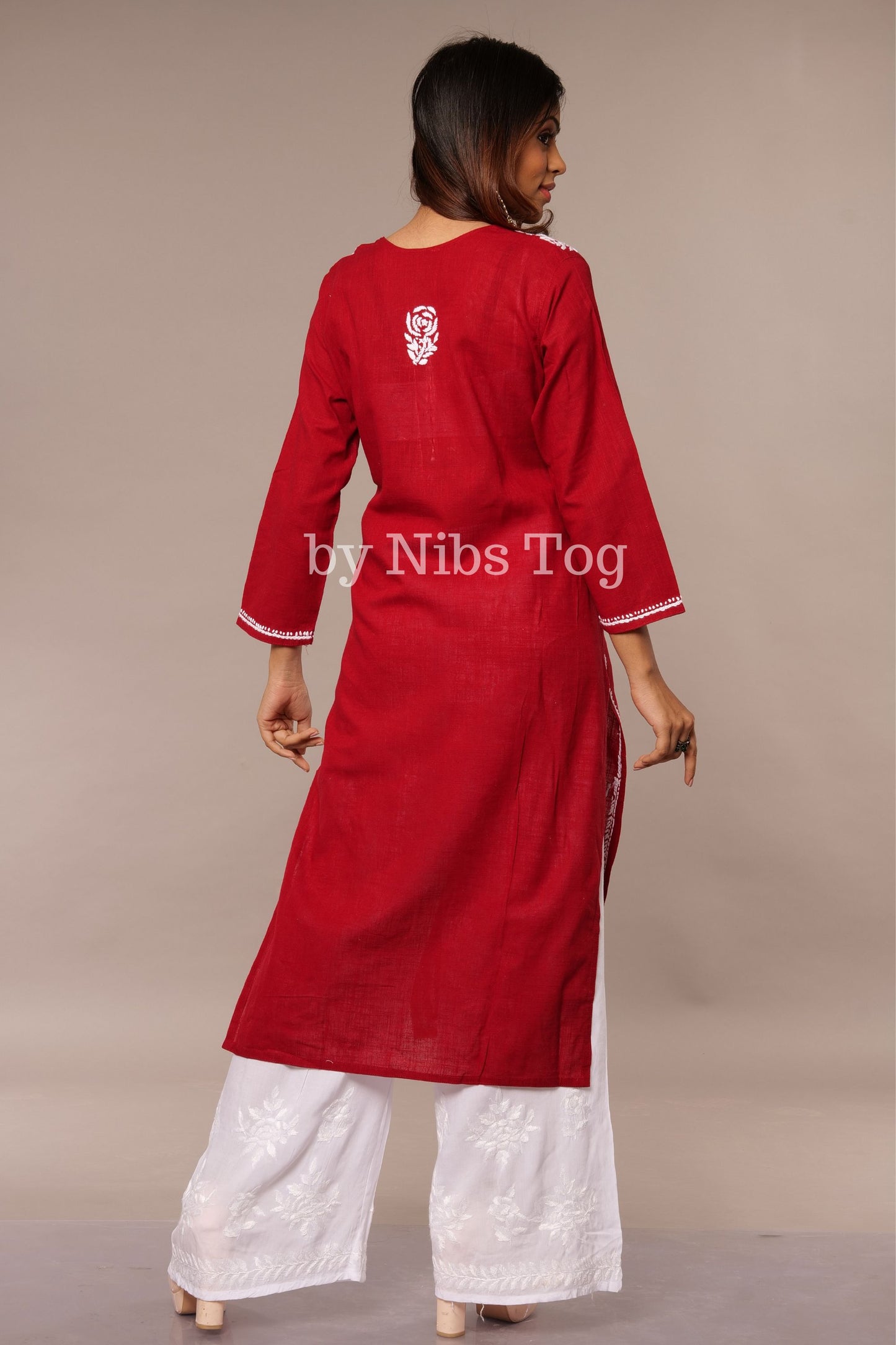 Linen Cotton Rose Butti Chikankari Kurti for Women Maroon Red
