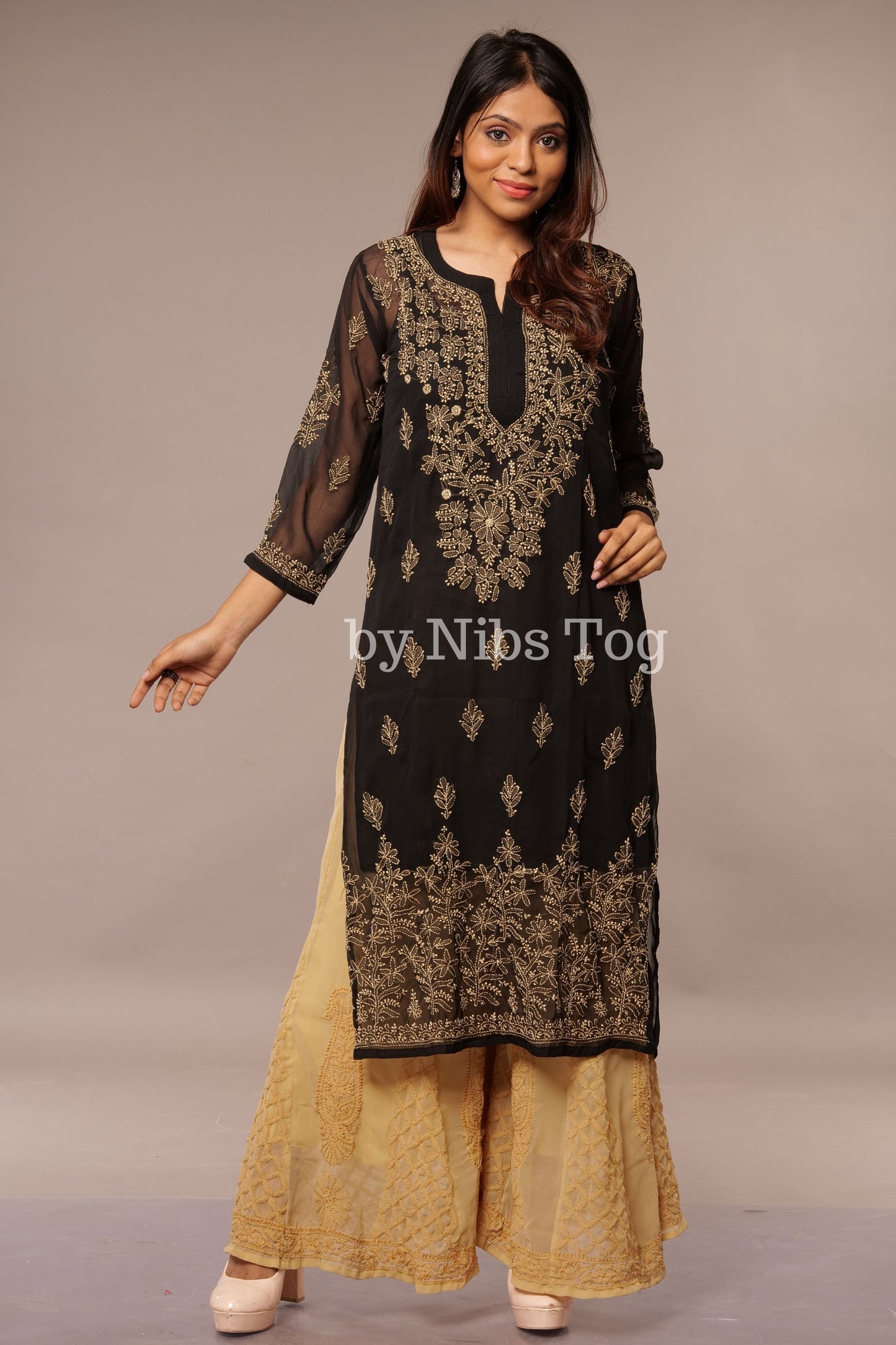 Black Georgette Chikankari Kurta for Women