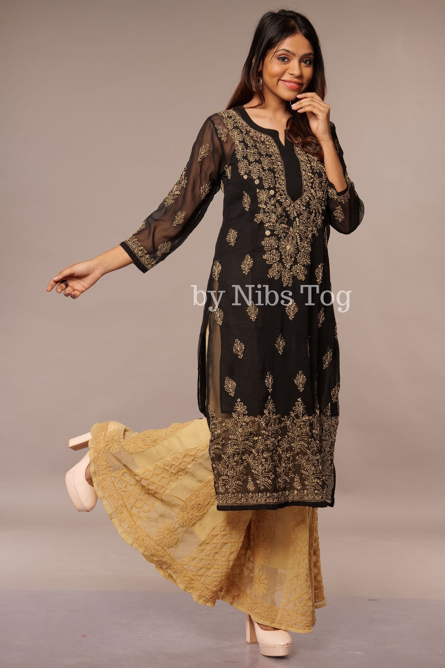 Black Georgette Chikankari Kurta for Women