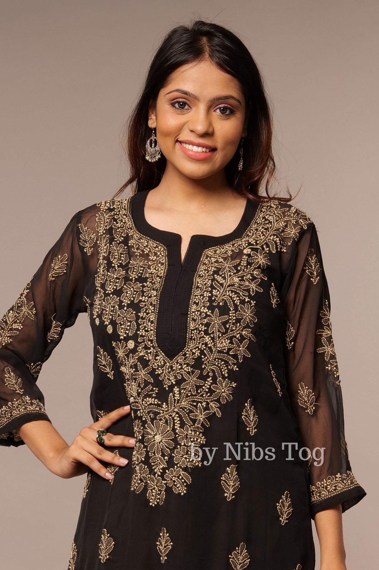 Black Georgette Chikankari Kurta for Women