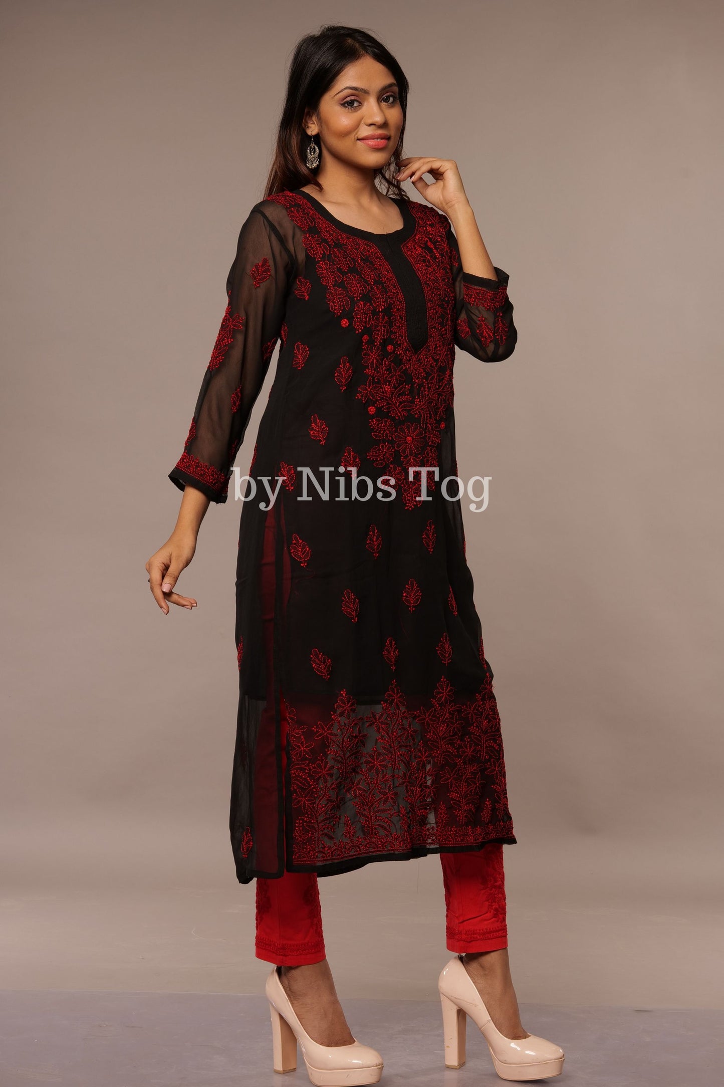 Black Georgette Chikankari Kurta for Women X-Large