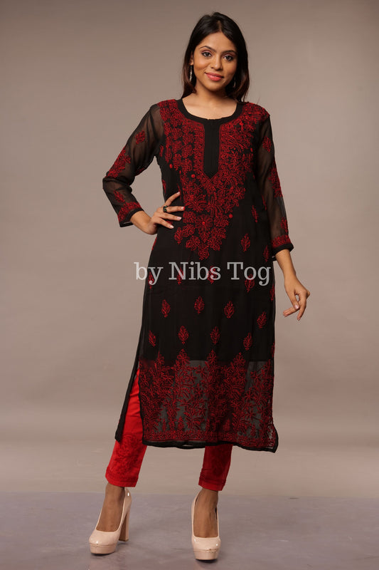 Black Georgette Chikankari Kurta for Women X-Large