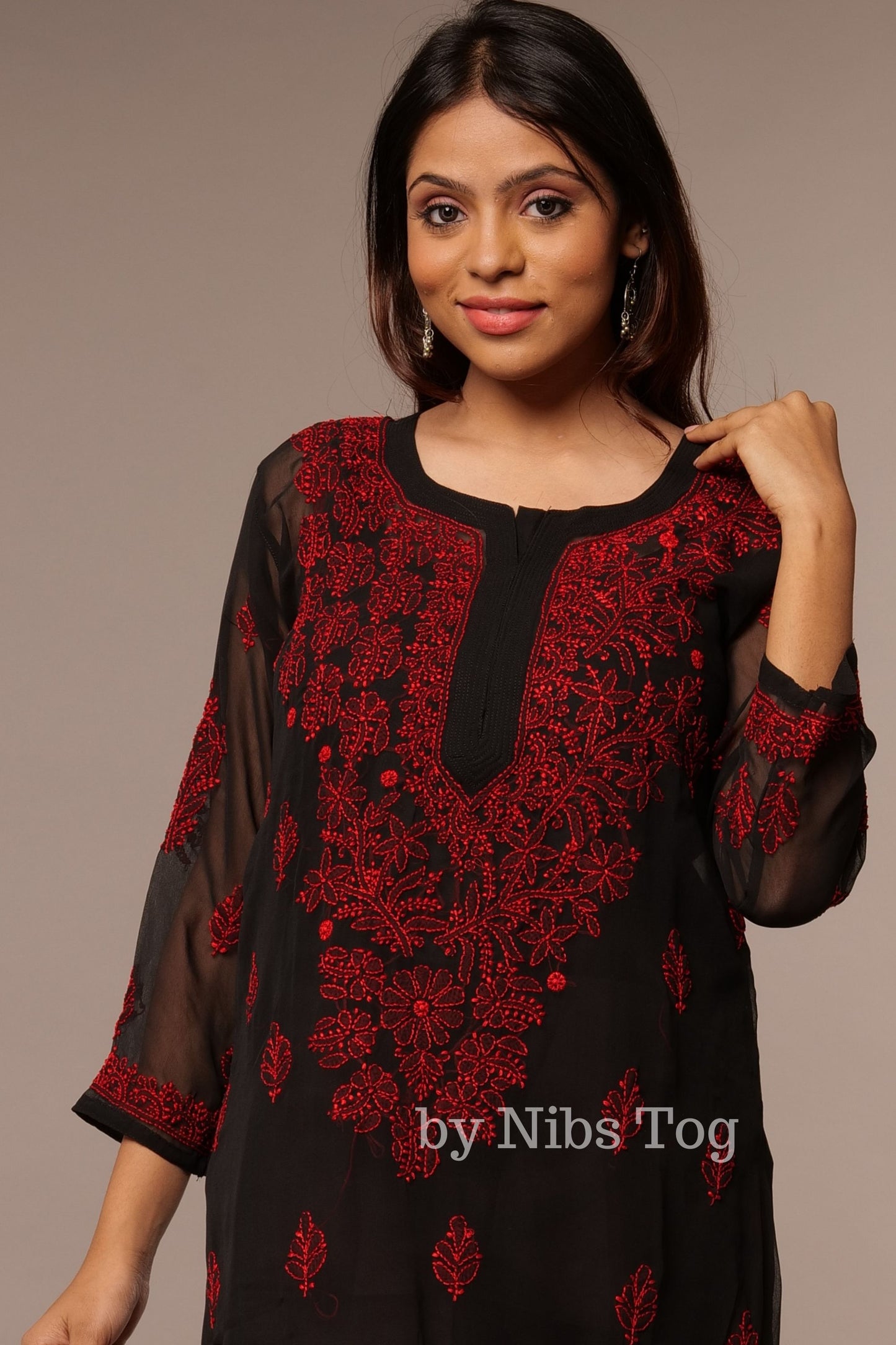 Black Georgette Chikankari Kurta for Women X-Large