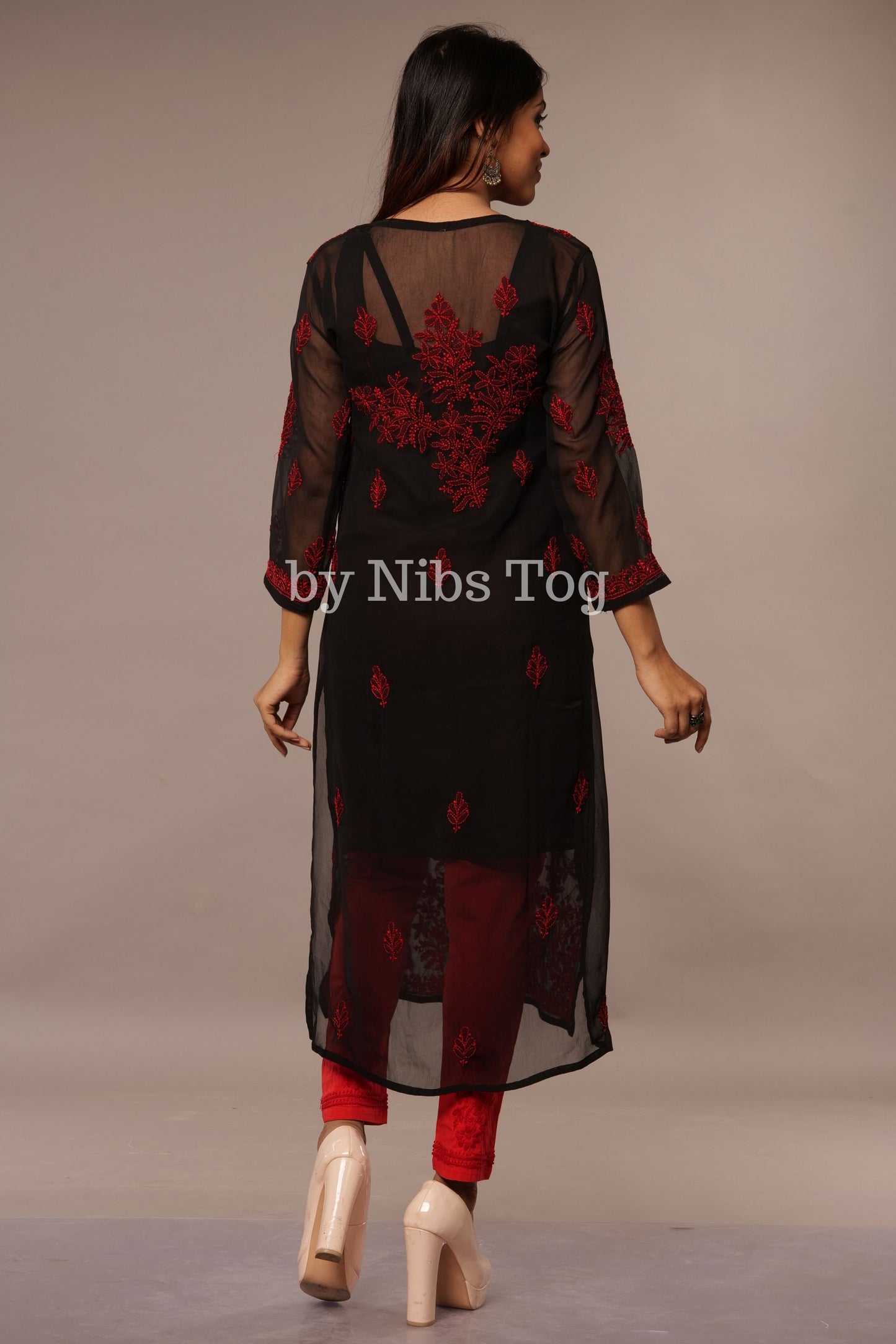 Black Georgette Chikankari Kurta for Women X-Large