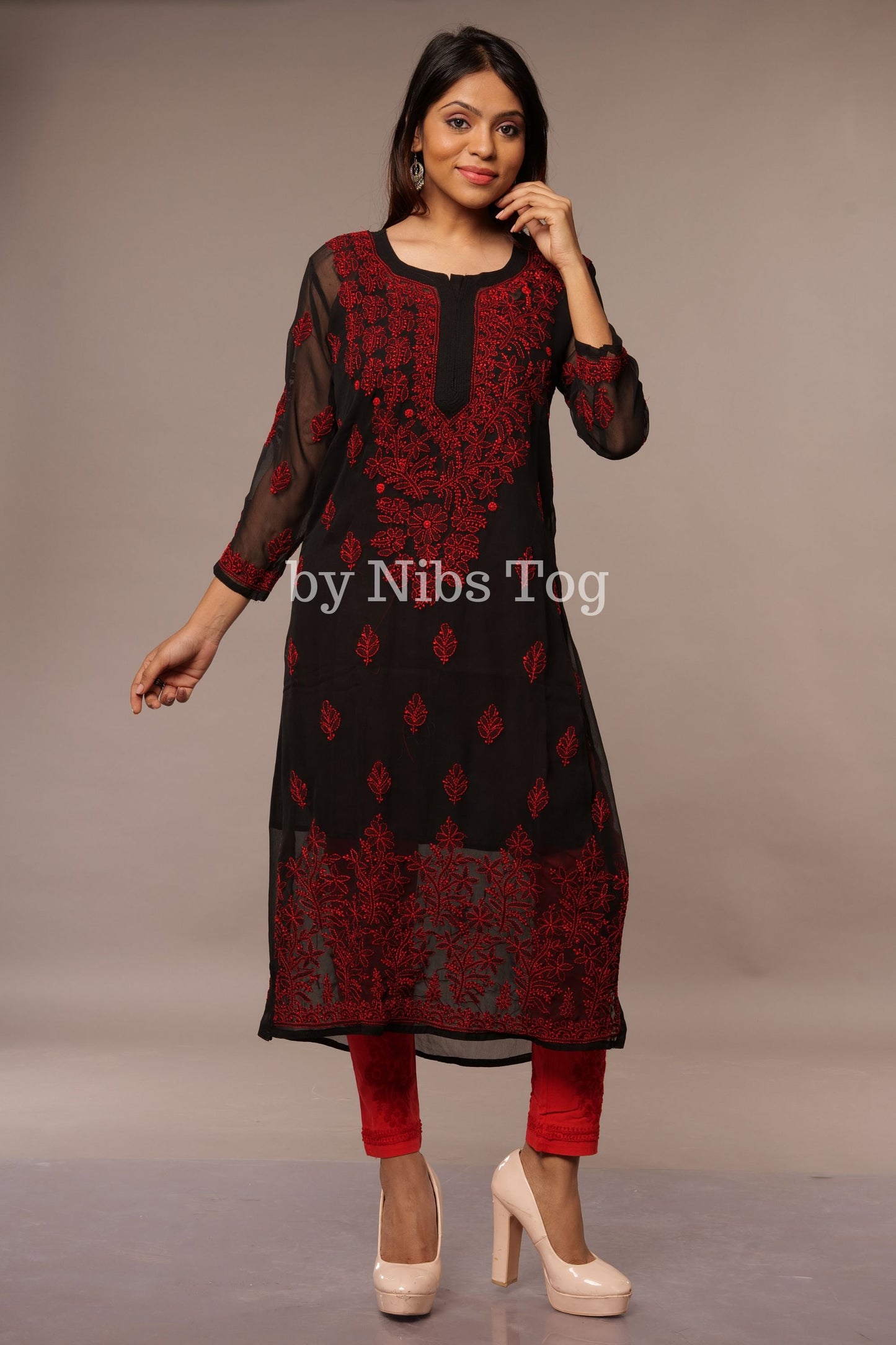 Black Georgette Chikankari Kurta for Women X-Large