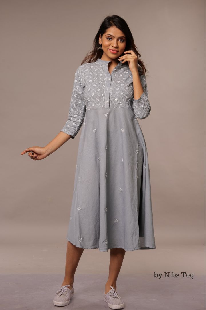 Grey Cotton Chikankari Tunic Dress Fit n Flair