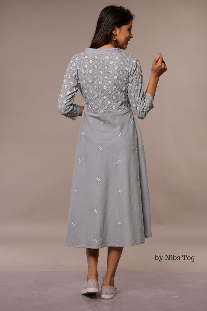 Grey Cotton Chikankari Tunic Dress Fit n Flair