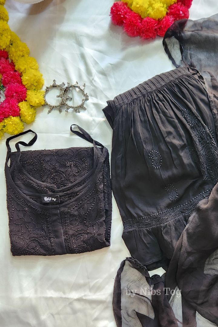 Black Hoor Strappy Chikankari Kurta Garara Set with Dupatta
