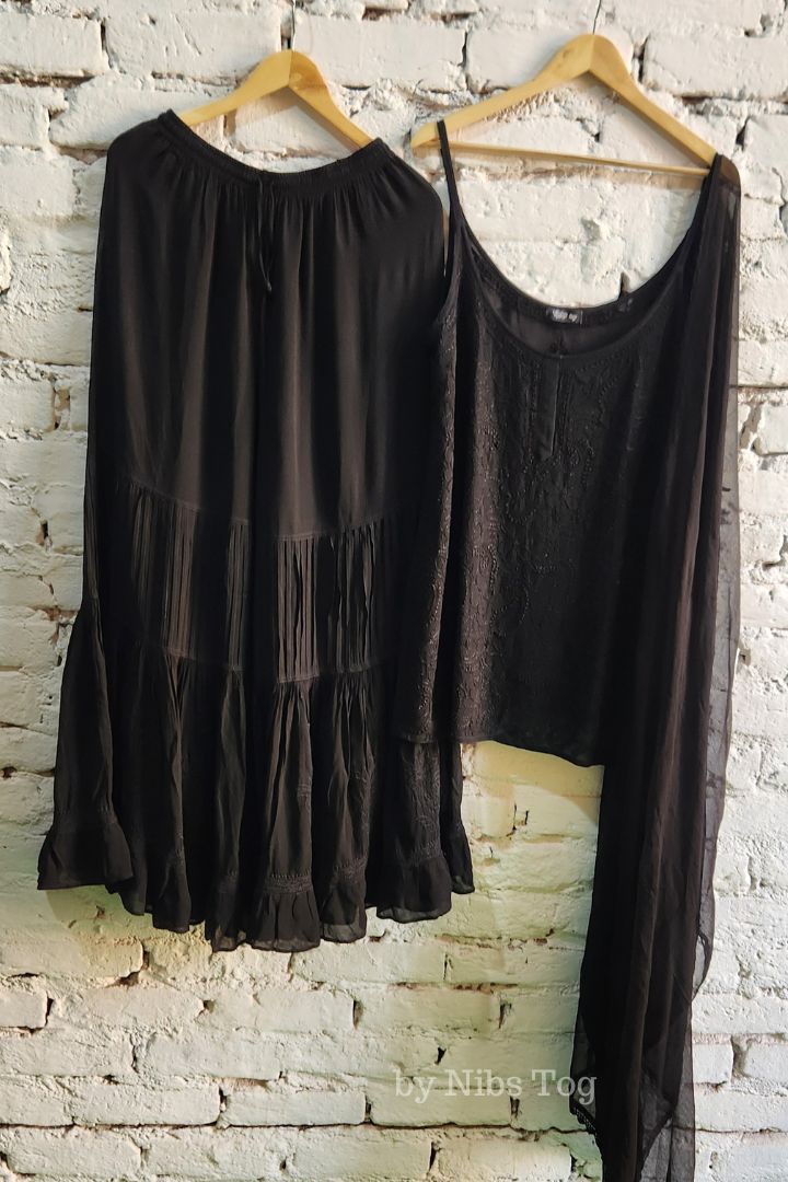 Black Hoor Strappy Chikankari Kurta Garara Set with Dupatta