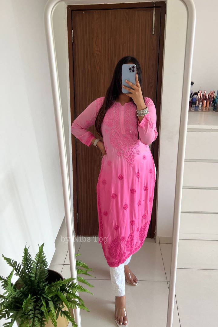 Muslin Ombre Pink Chikankari Kurta with Mukaish