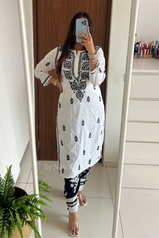 White & Black Cotton Chikankari Kurta Set