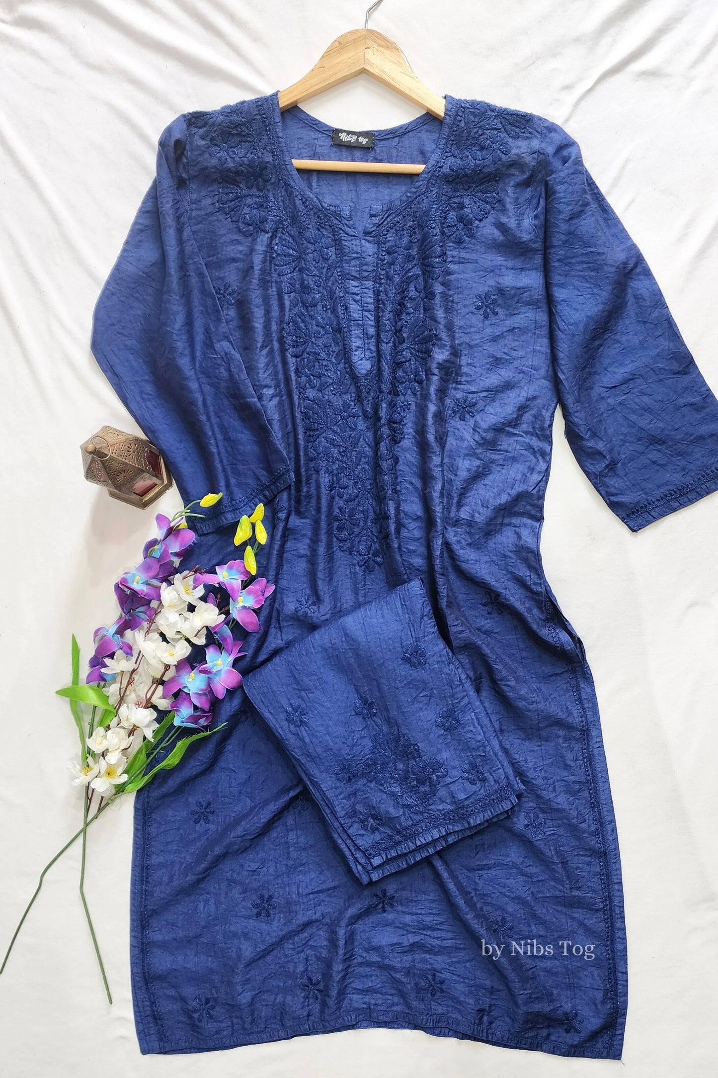 Blue Silk Chikankari Kurta Palazzo Set