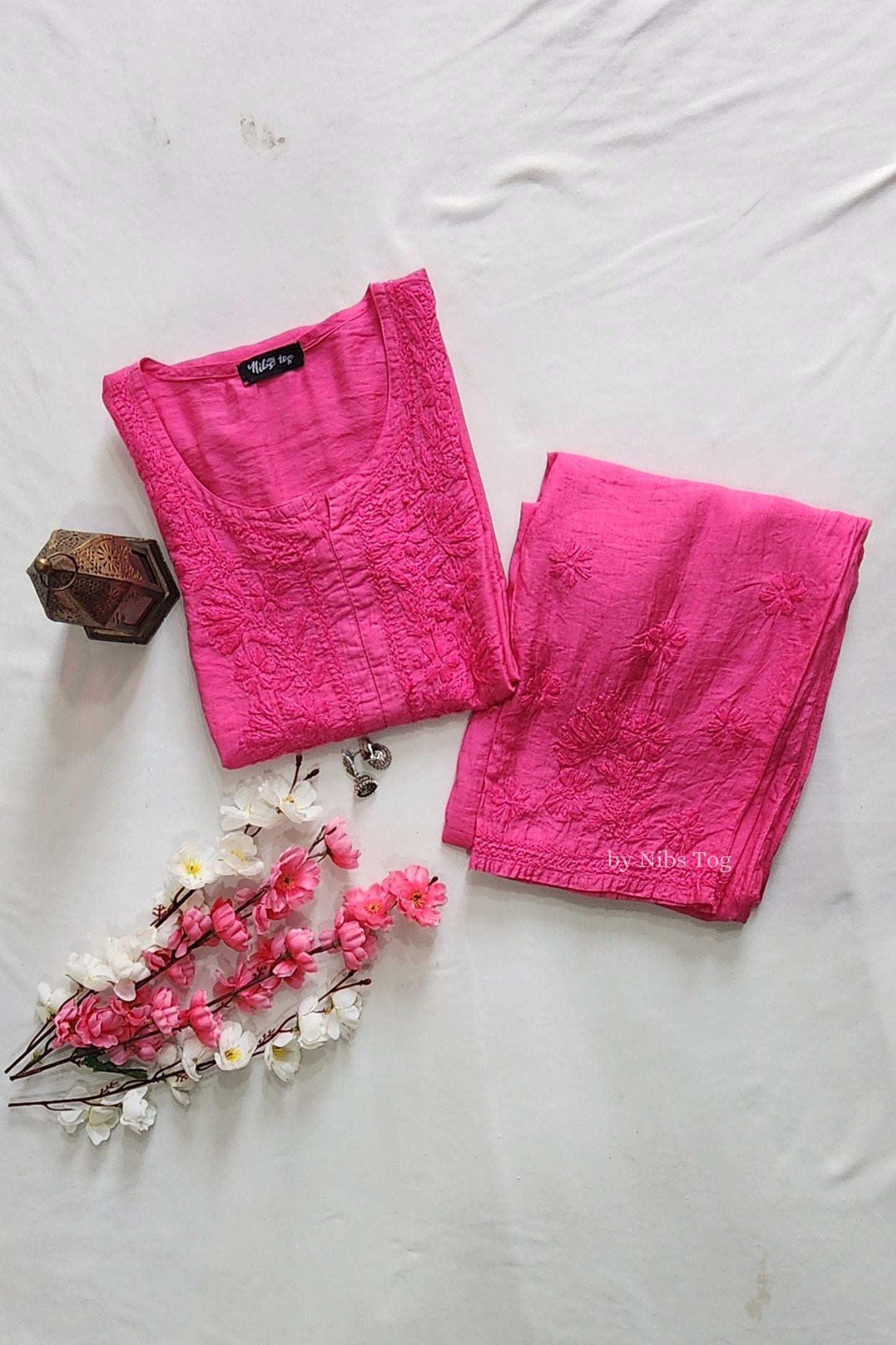 Pink Silk Chikankari Kurta Palazzo Set