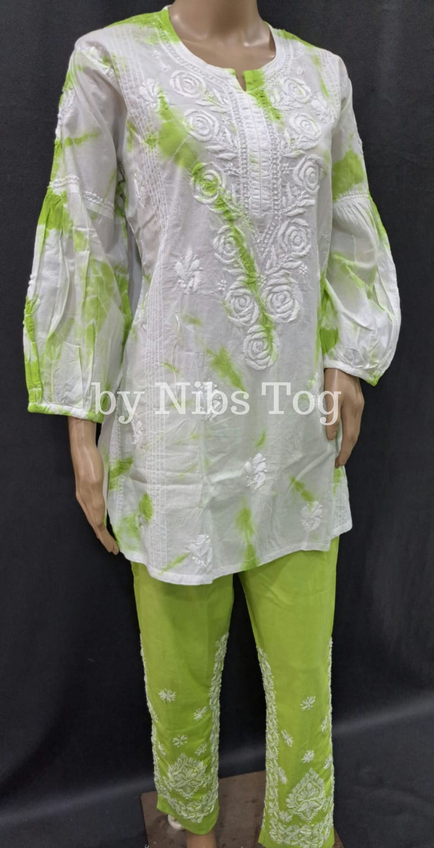 Neon Green Mulmul Cotton Tie & Dye Chikankari Co-ord Set
