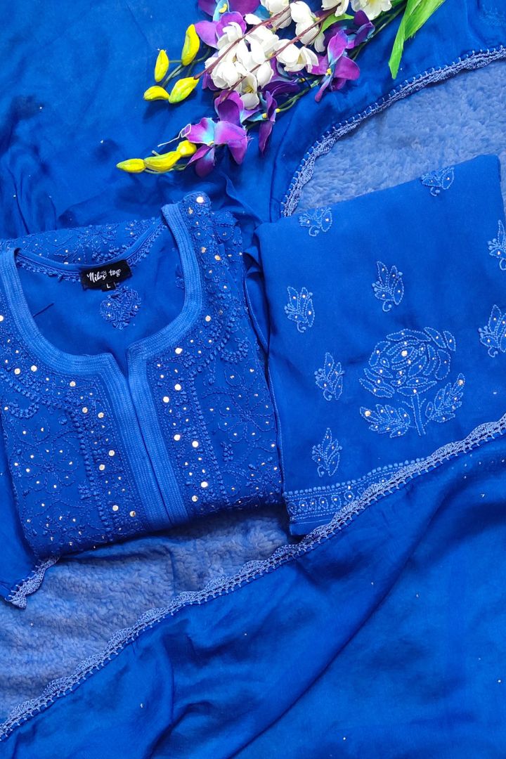 Blue Shaista Chikankari Kurta Palazzo Set with Dupatta