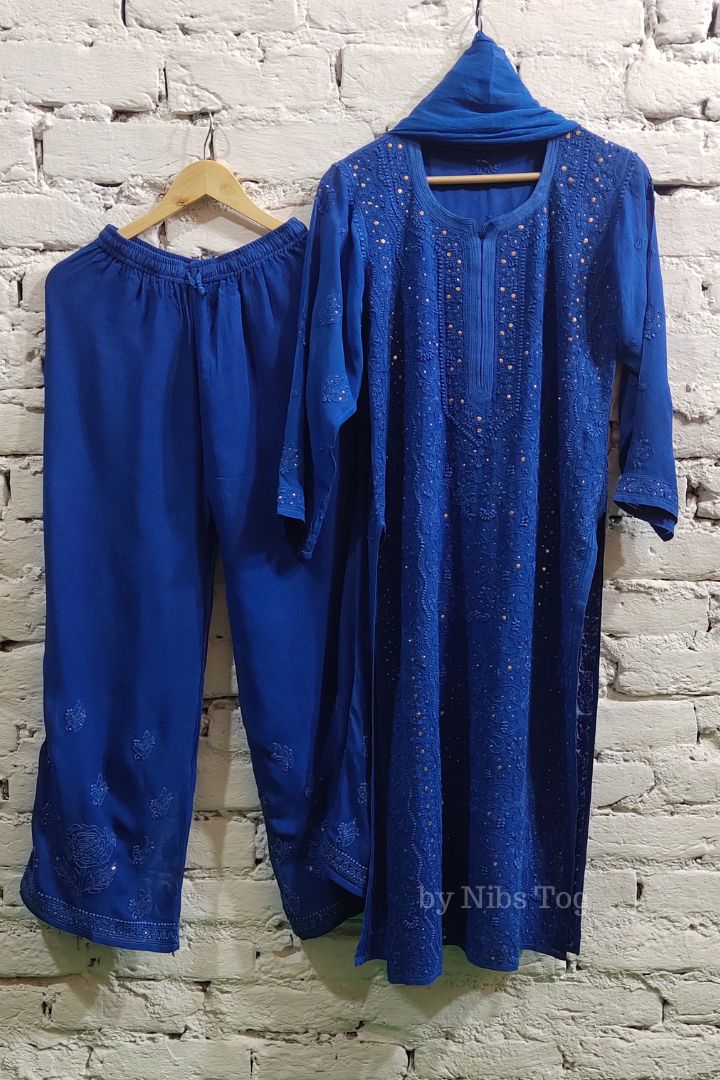 Blue Shaista Chikankari Kurta Palazzo Set with Dupatta