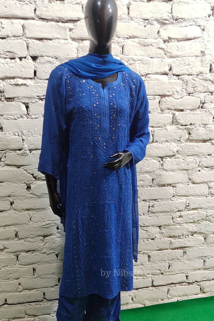 Blue Shaista Chikankari Kurta Palazzo Set with Dupatta