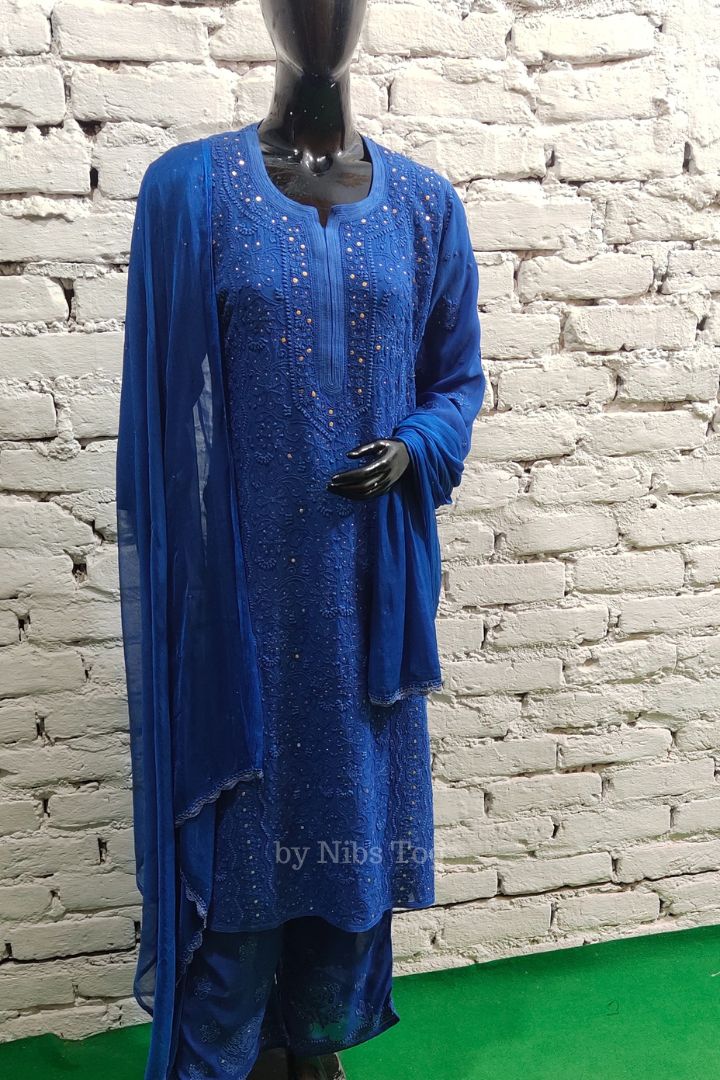 Blue Shaista Chikankari Kurta Palazzo Set with Dupatta