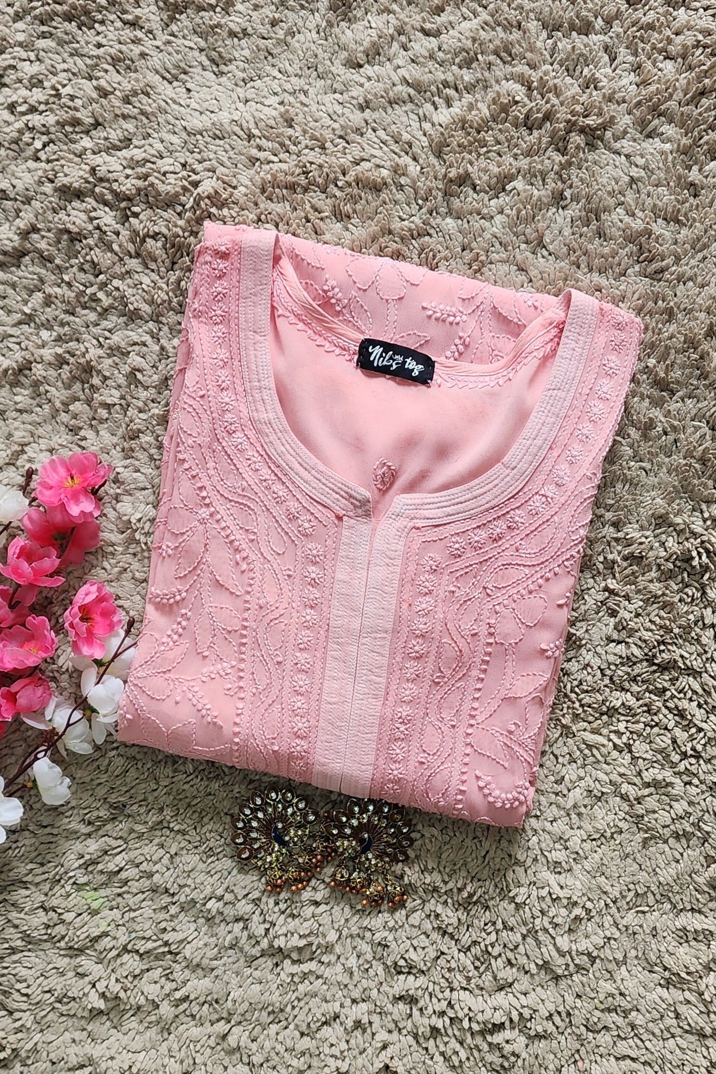 Peach Chikankari Kurta Pant Set with Dupatta