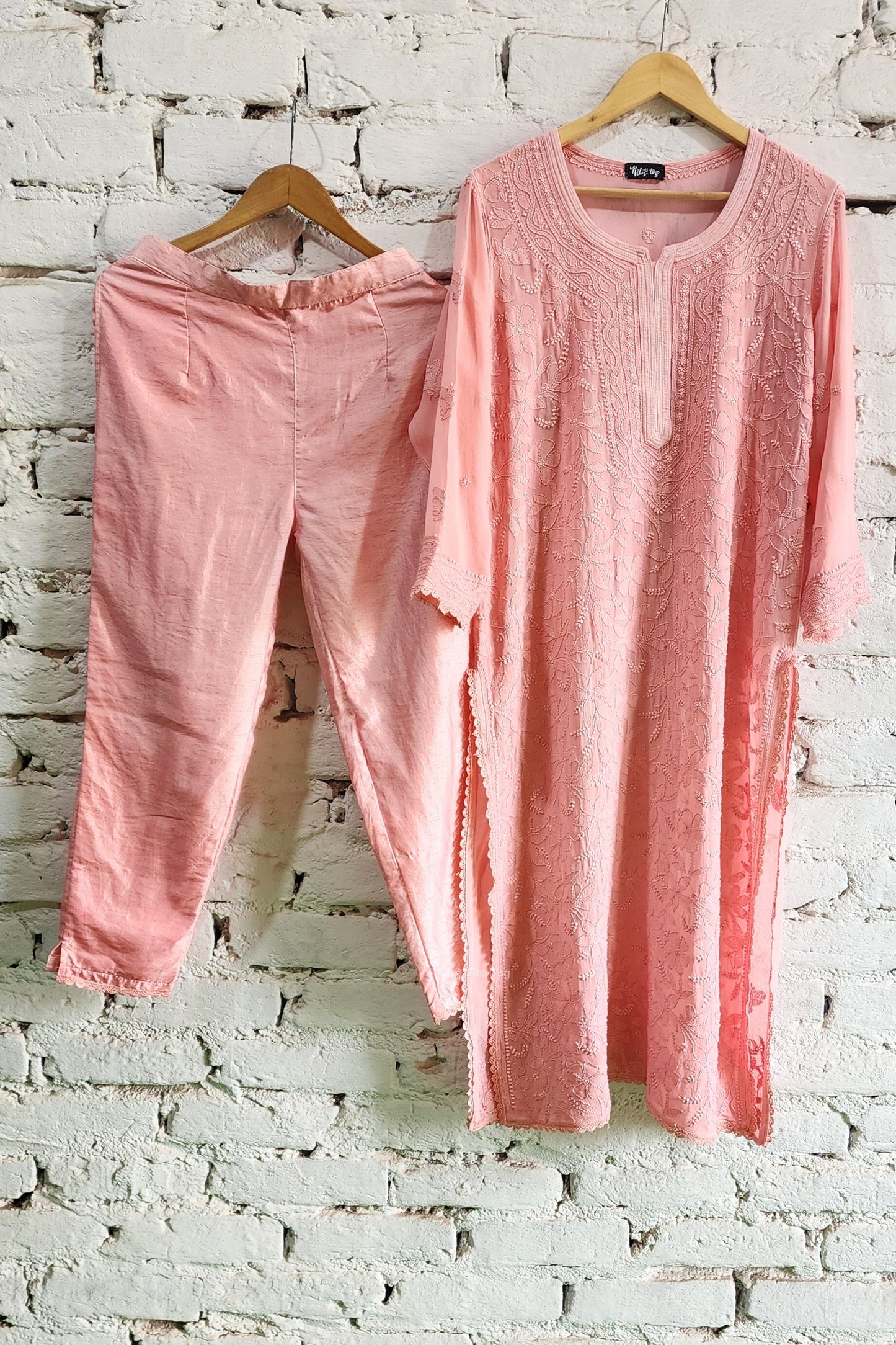 Peach Chikankari Kurta Pant Set with Dupatta