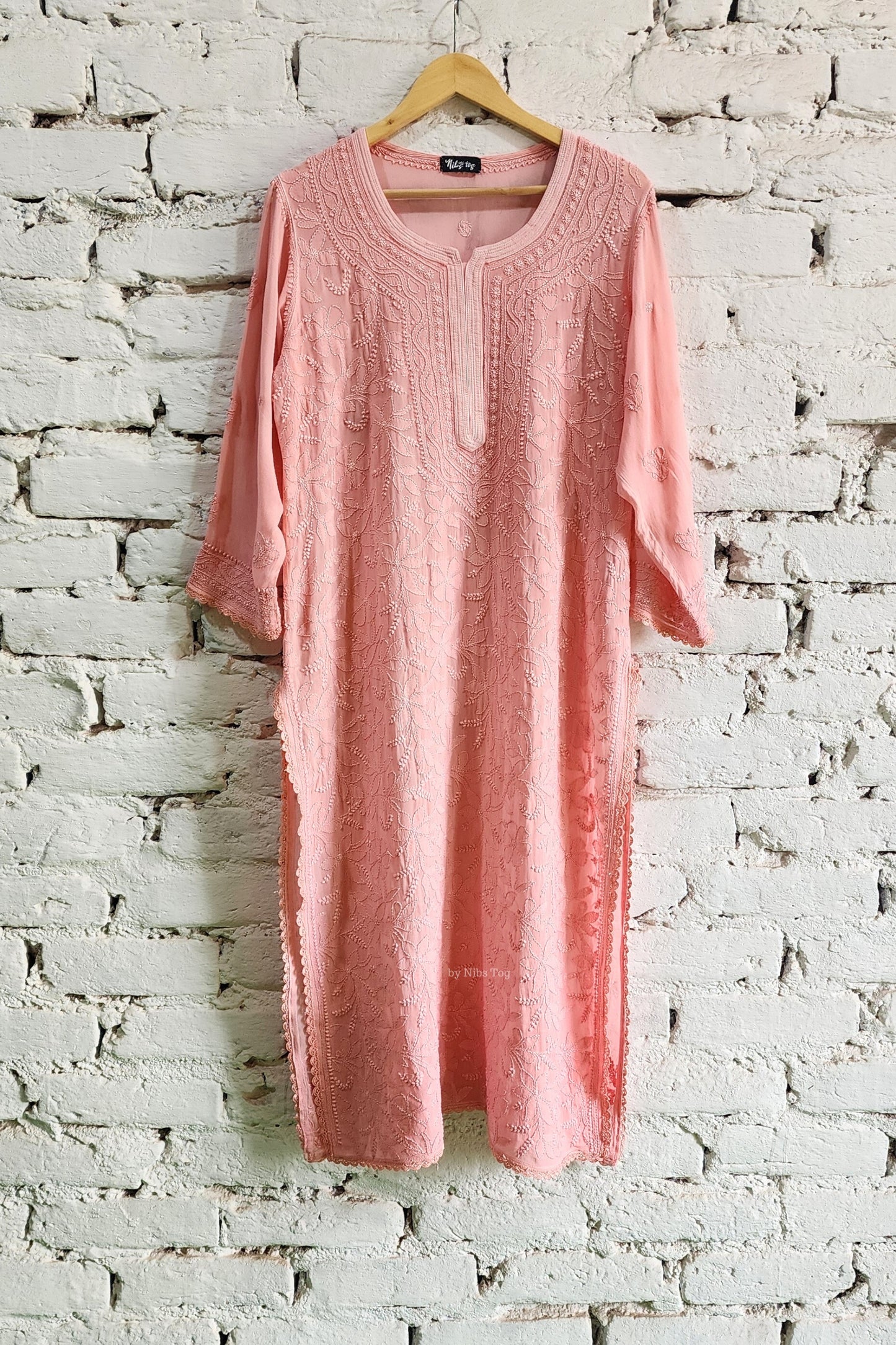 Peach Chikankari Kurta Pant Set with Dupatta