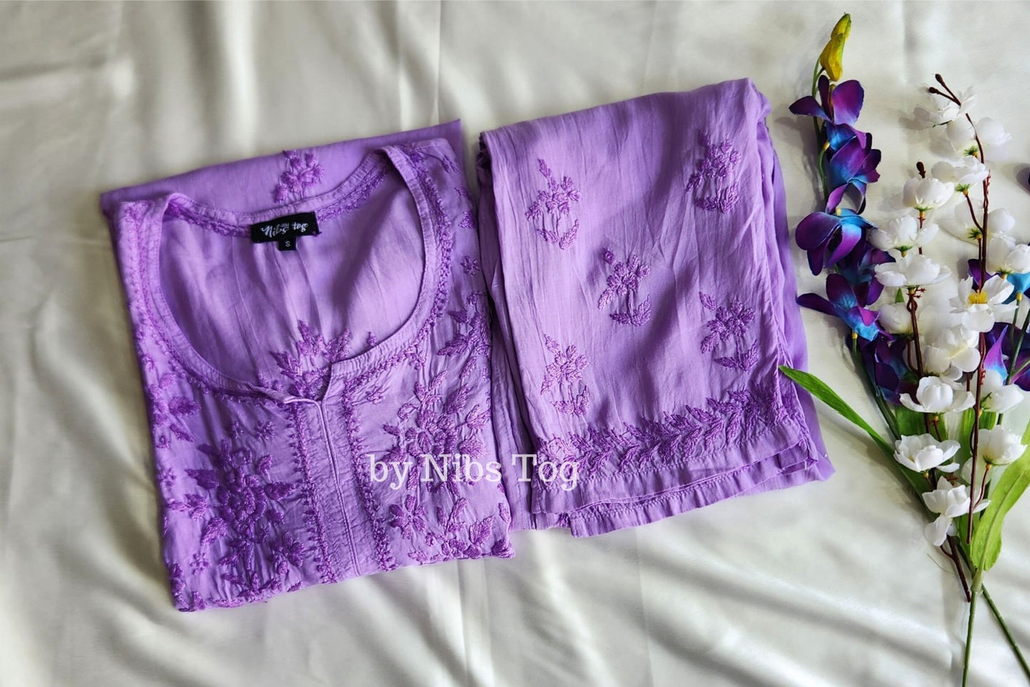 Mauve Modal Cotton Chikankari Kurta Palazzo Set