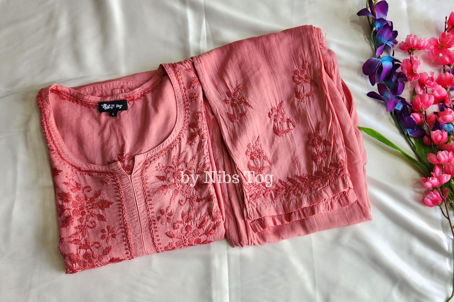 Nude Modal Cotton Chikankari Kurta Palazzo Set