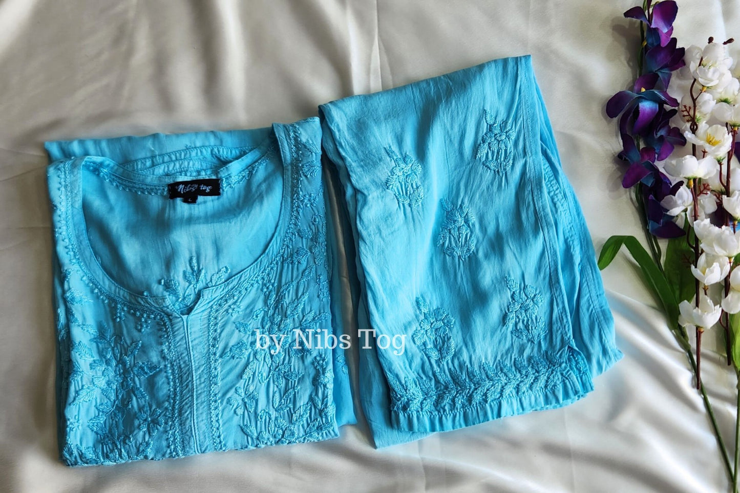 Sky Blue Modal Cotton Chikankari Kurta Palazzo Set