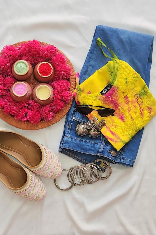 Colorful Tie n Dye Chikankari Short Kurti Strappy Style