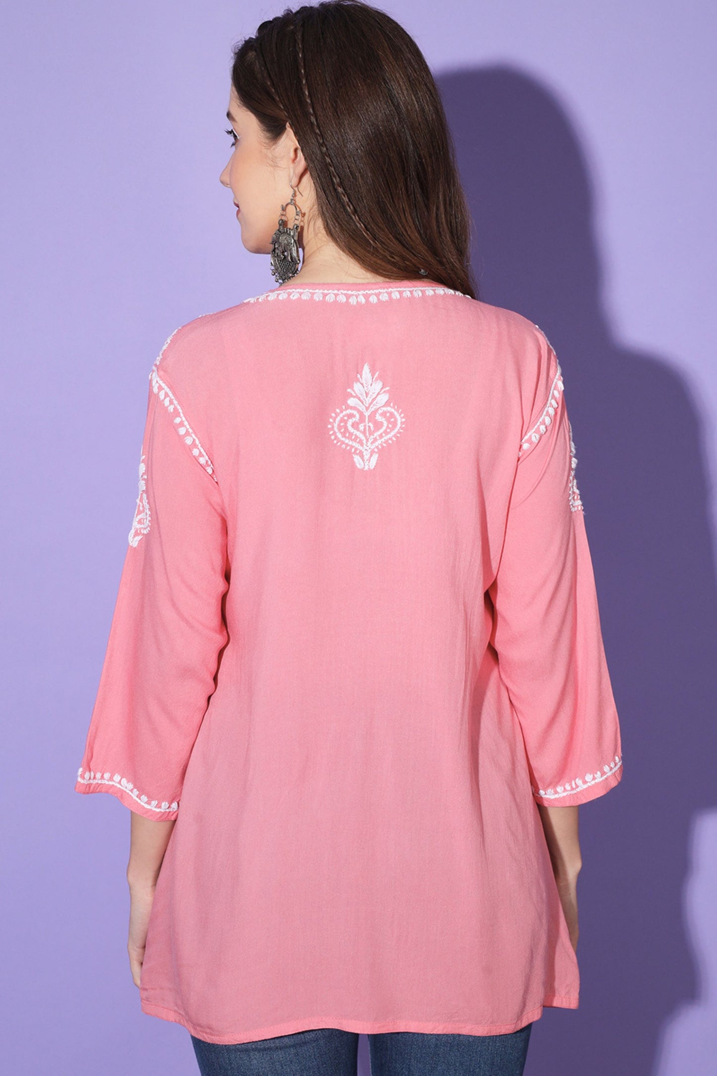 Gul Coral Pink Chikankari Short Kurta Rayon Cotton