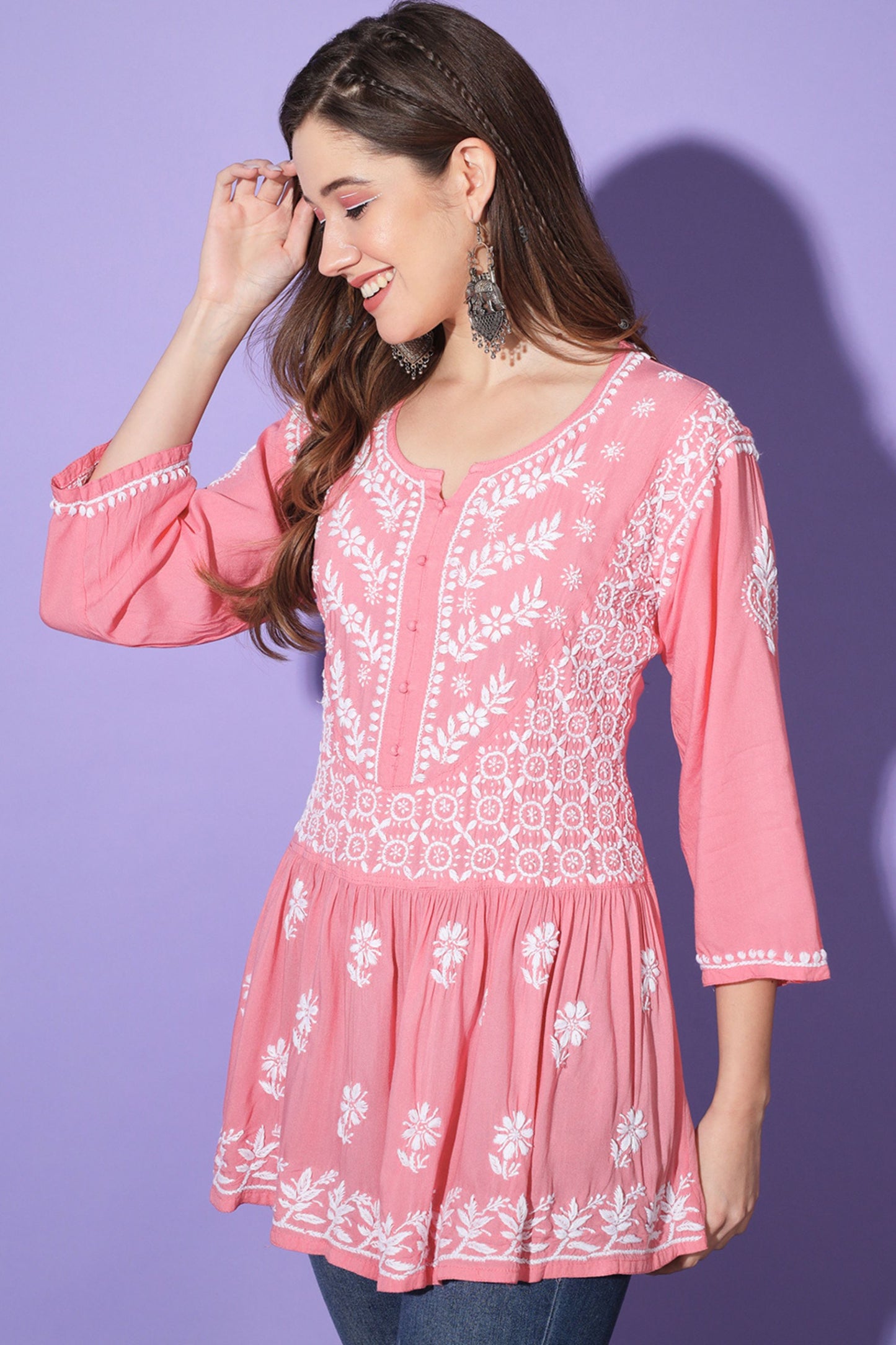 Gul Coral Pink Chikankari Short Kurta Rayon Cotton
