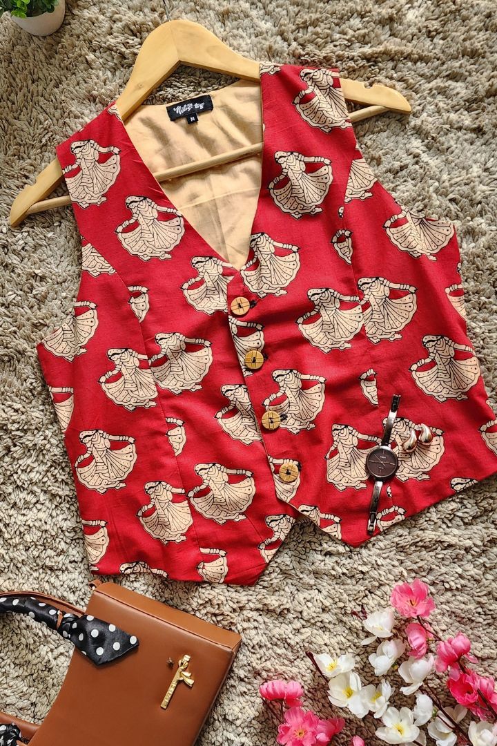Red Hand block Print Sleeveless Waist Coat