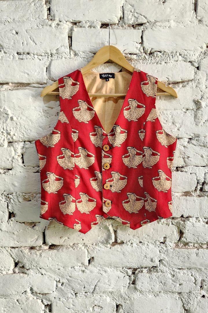 Red Hand block Print Sleeveless Waist Coat