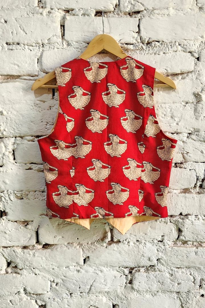 Red Hand block Print Sleeveless Waist Coat