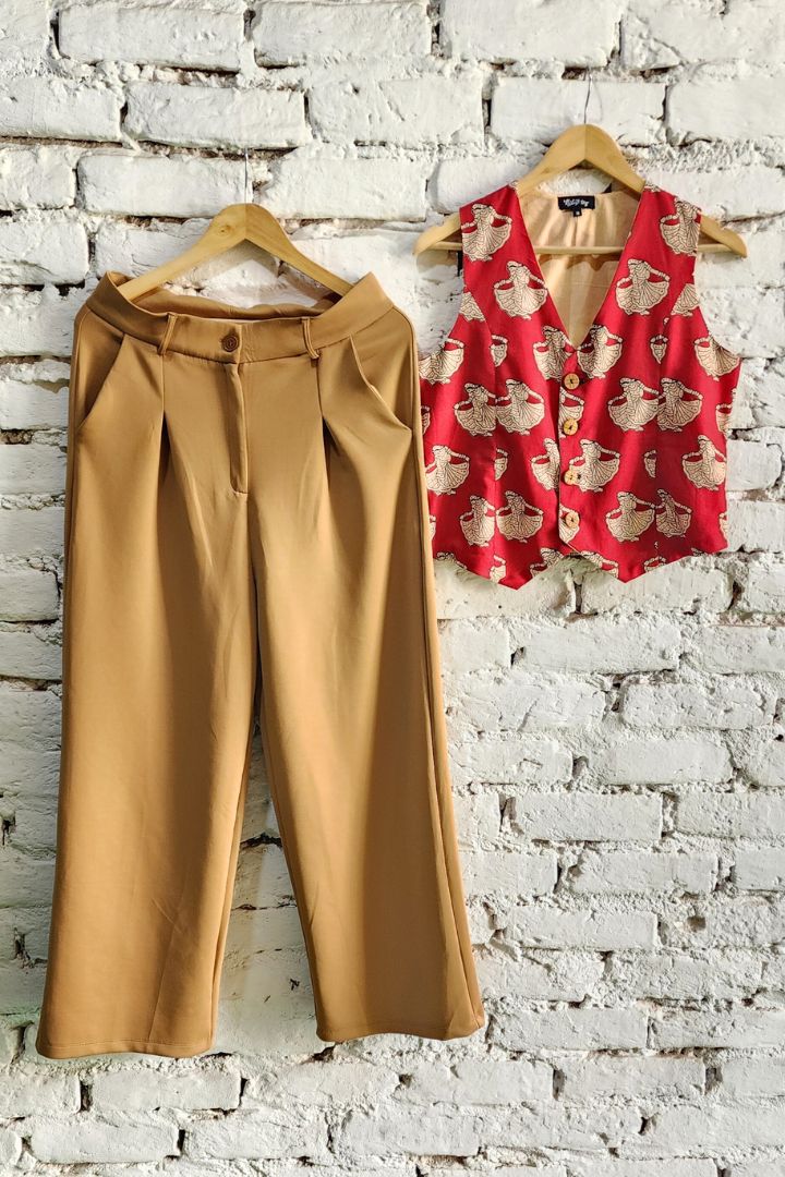 Red Hand block Print Sleeveless Waist Coat