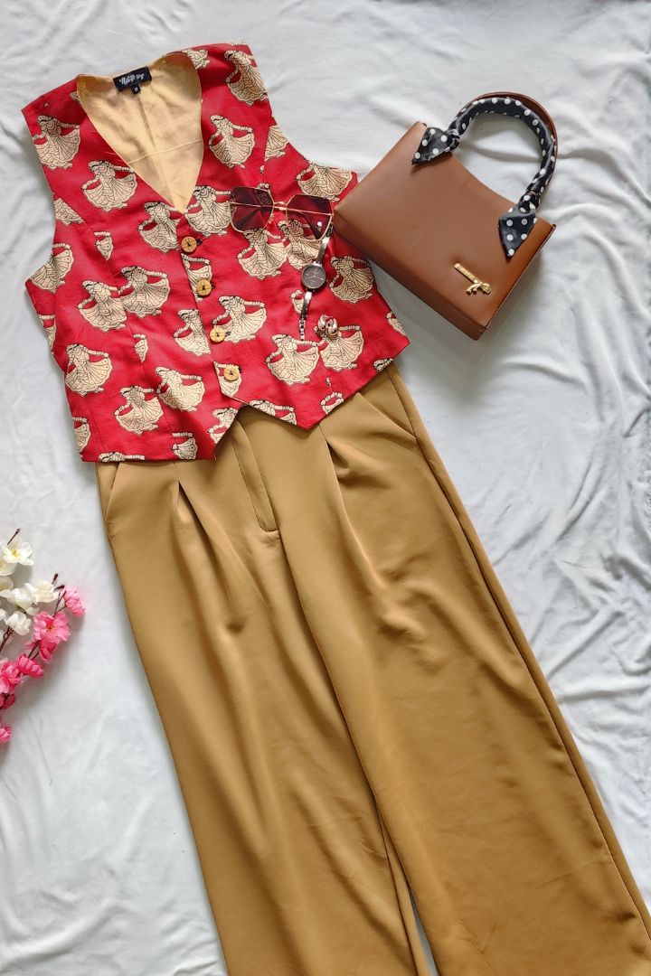 Red Hand block Print Sleeveless Waist Coat