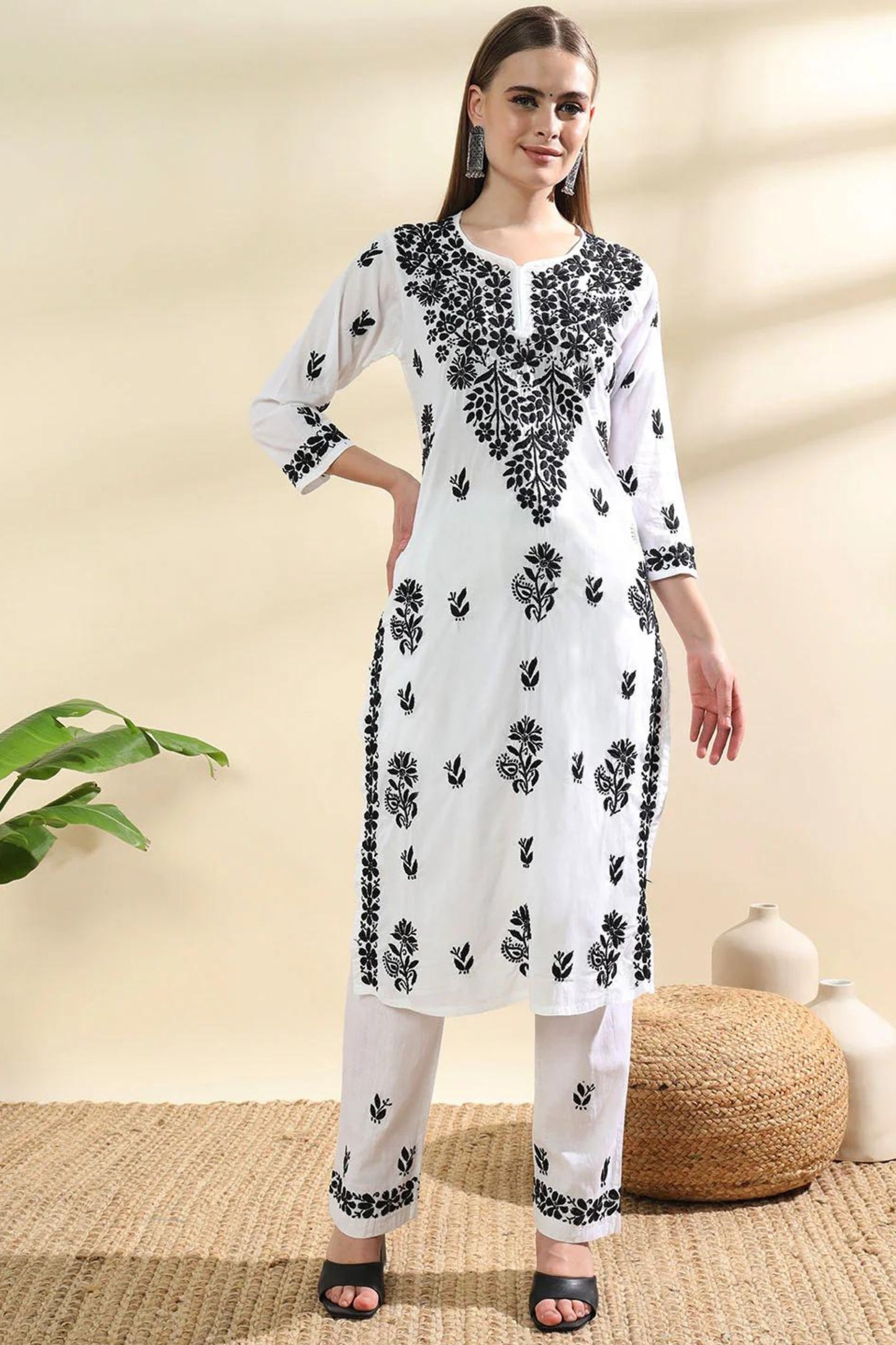 Mulmul Cotton White n Black Chikankari Kurta Set