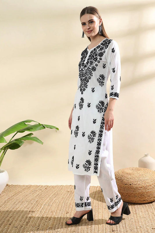 Mulmul Cotton White n Black Chikankari Kurta Set