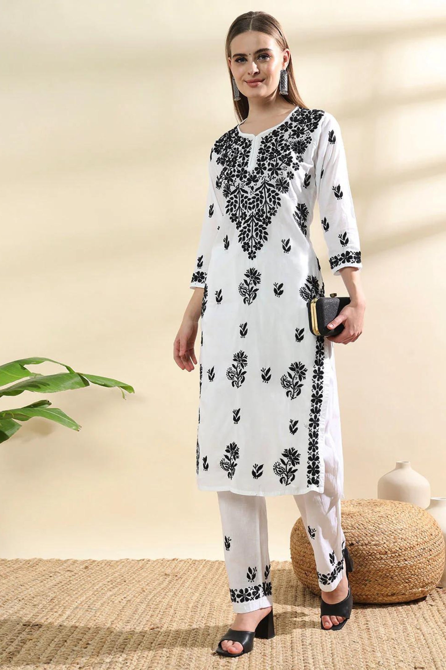 Mulmul Cotton White n Black Chikankari Kurta Set