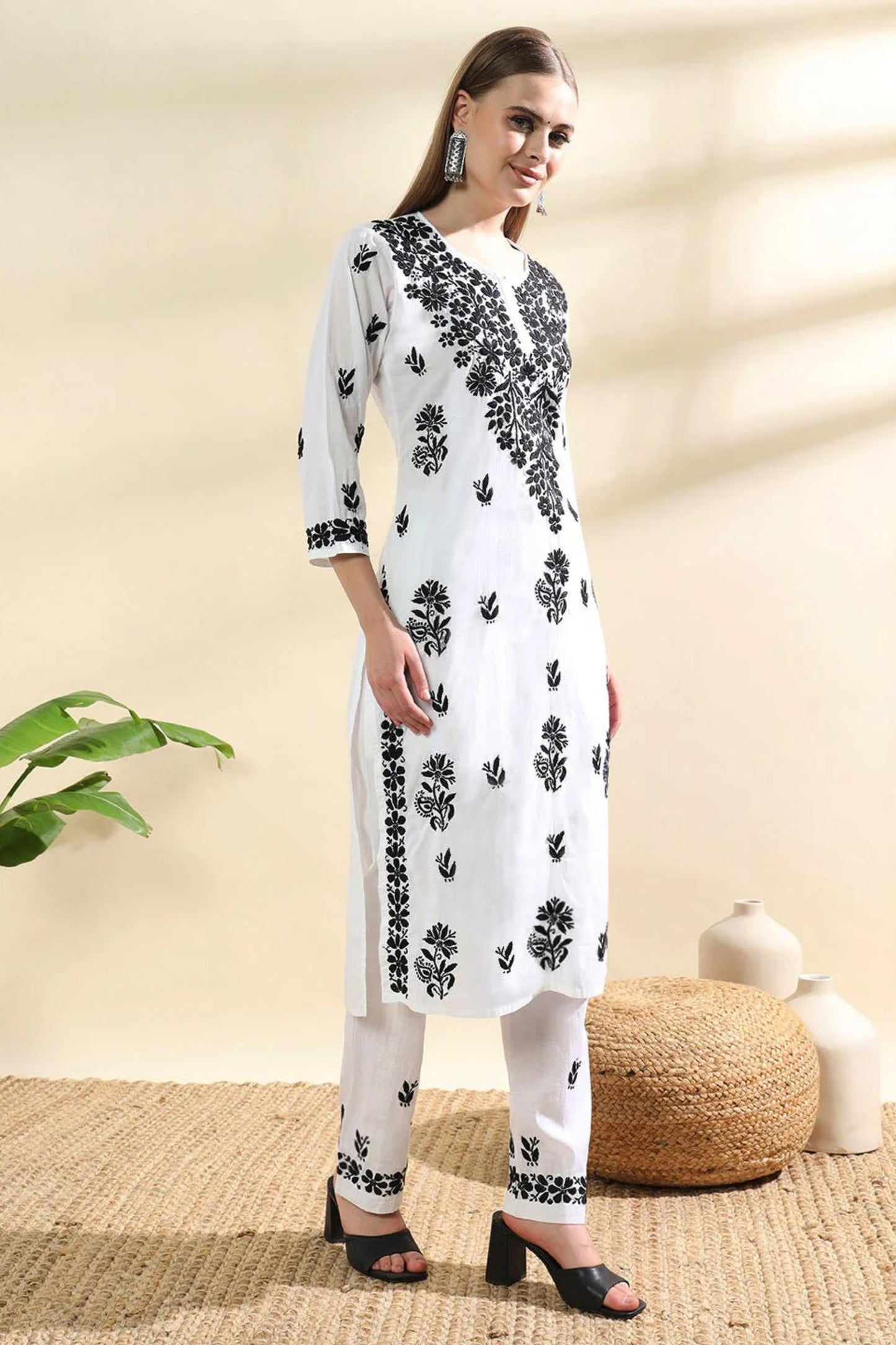 Mulmul Cotton White n Black Chikankari Kurta Set