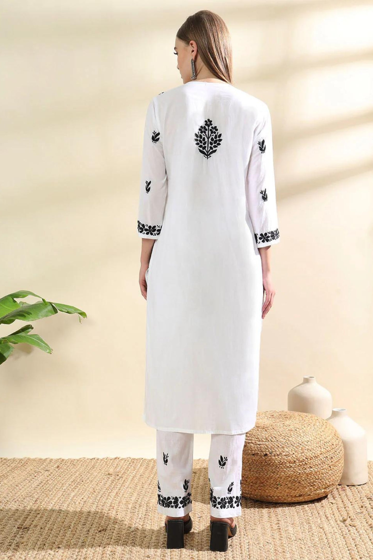 Mulmul Cotton White n Black Chikankari Kurta Set