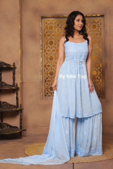 Strappy Chikankari Garara Set Powdered Blue