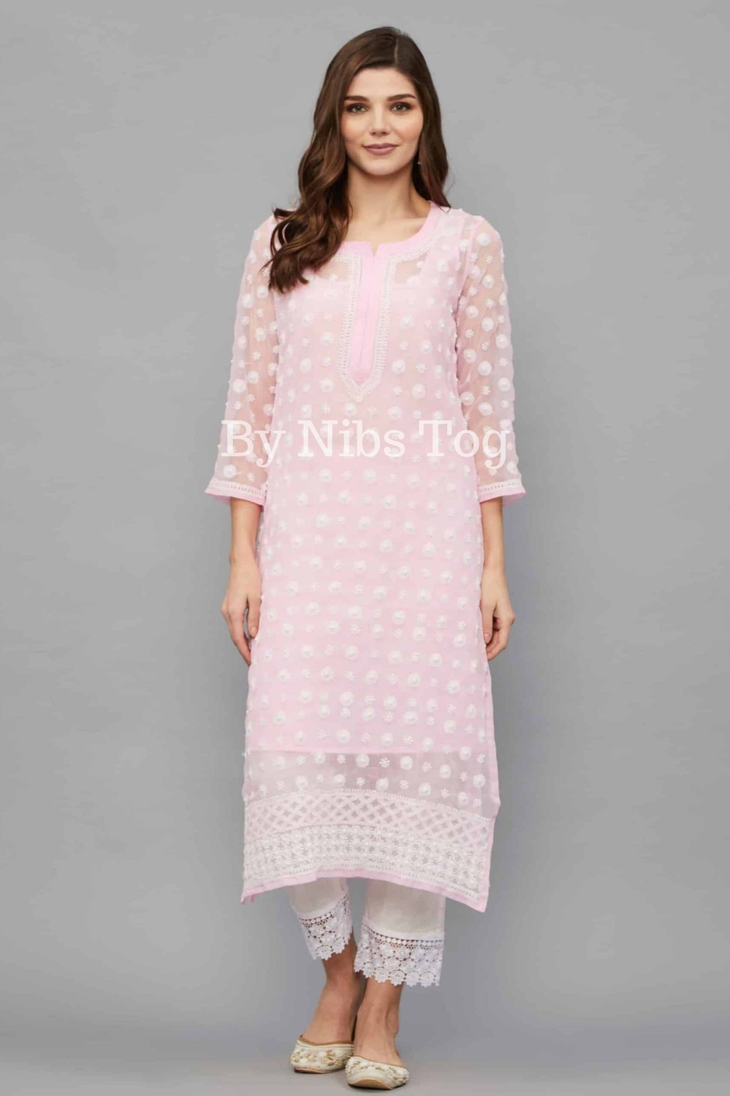 Baby Pink Full Work Georgette Chikankari kurta with Free Inner
