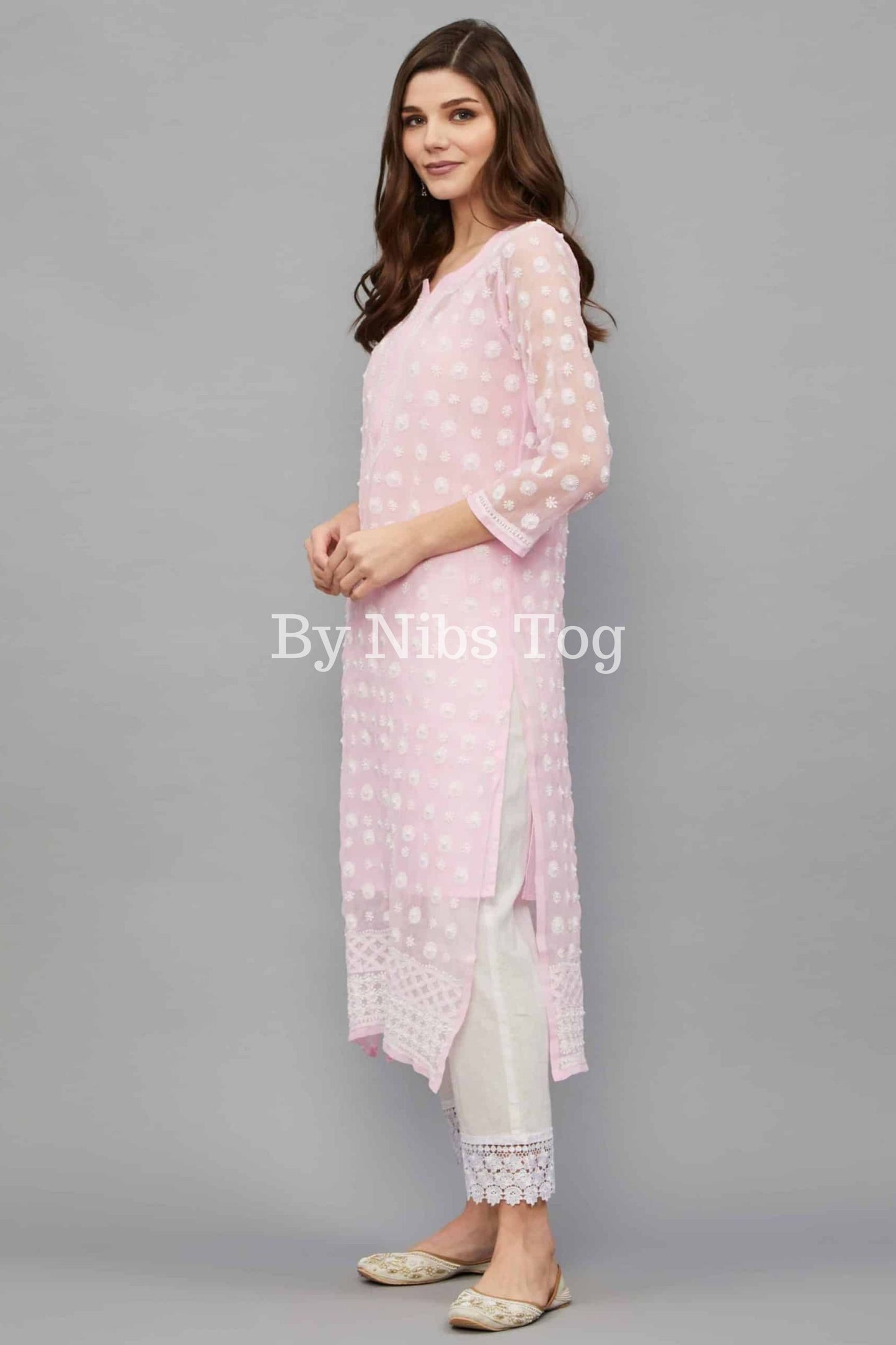Baby Pink Full Work Georgette Chikankari kurta with Free Inner