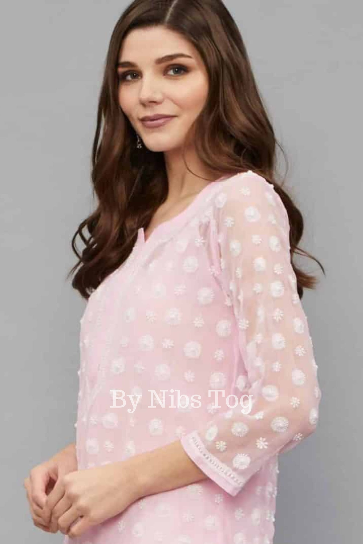 Baby Pink Full Work Georgette Chikankari kurta with Free Inner